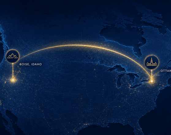 A map showing a connection between Boise, Idaho, and Ottawa, Ontario
